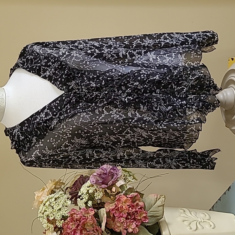 Semi-sheer Agora Blouse Top Dressy Asymmetrical Hem Pointed Sleeves Ruffled Medm
